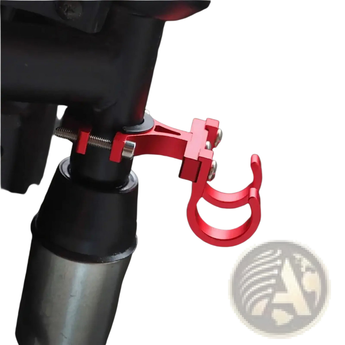 Red aluminum scooter handlebar dual hook hanger with curved hook for securely mounting items on a bicycle handlebar