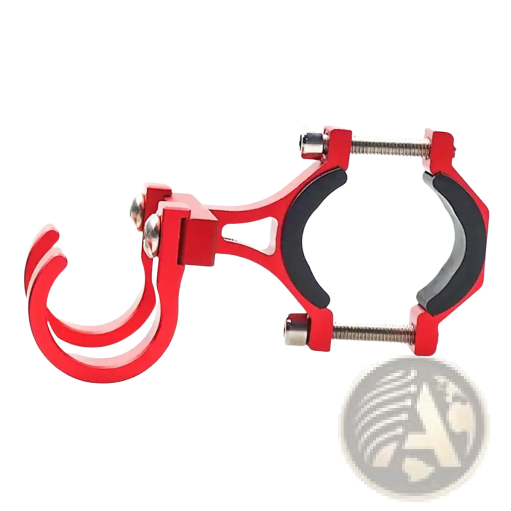 Red aluminum scooter handlebar dual hook hanger with black rubber grip and adjustable screw mechanism