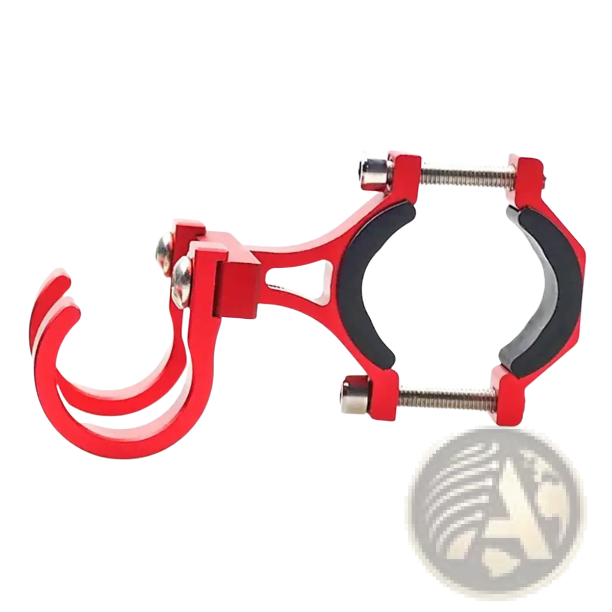 Red aluminum scooter handlebar dual hook hanger with black rubber grip and adjustable screw mechanism