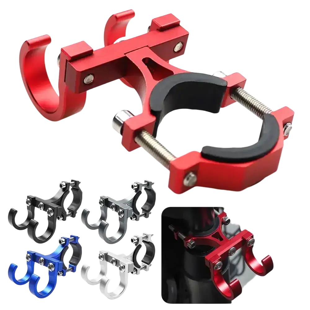 Red aluminum scooter handlebar dual hook hanger with black rubber grip and adjustable screw mechanism