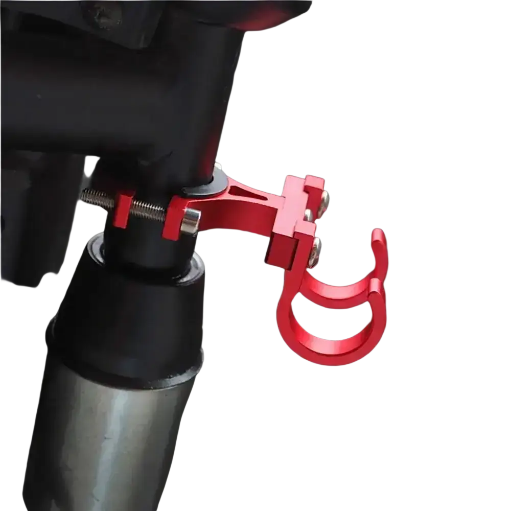 Red aluminum scooter handlebar dual hook hanger with curved hooks designed for secure handlebar mounting