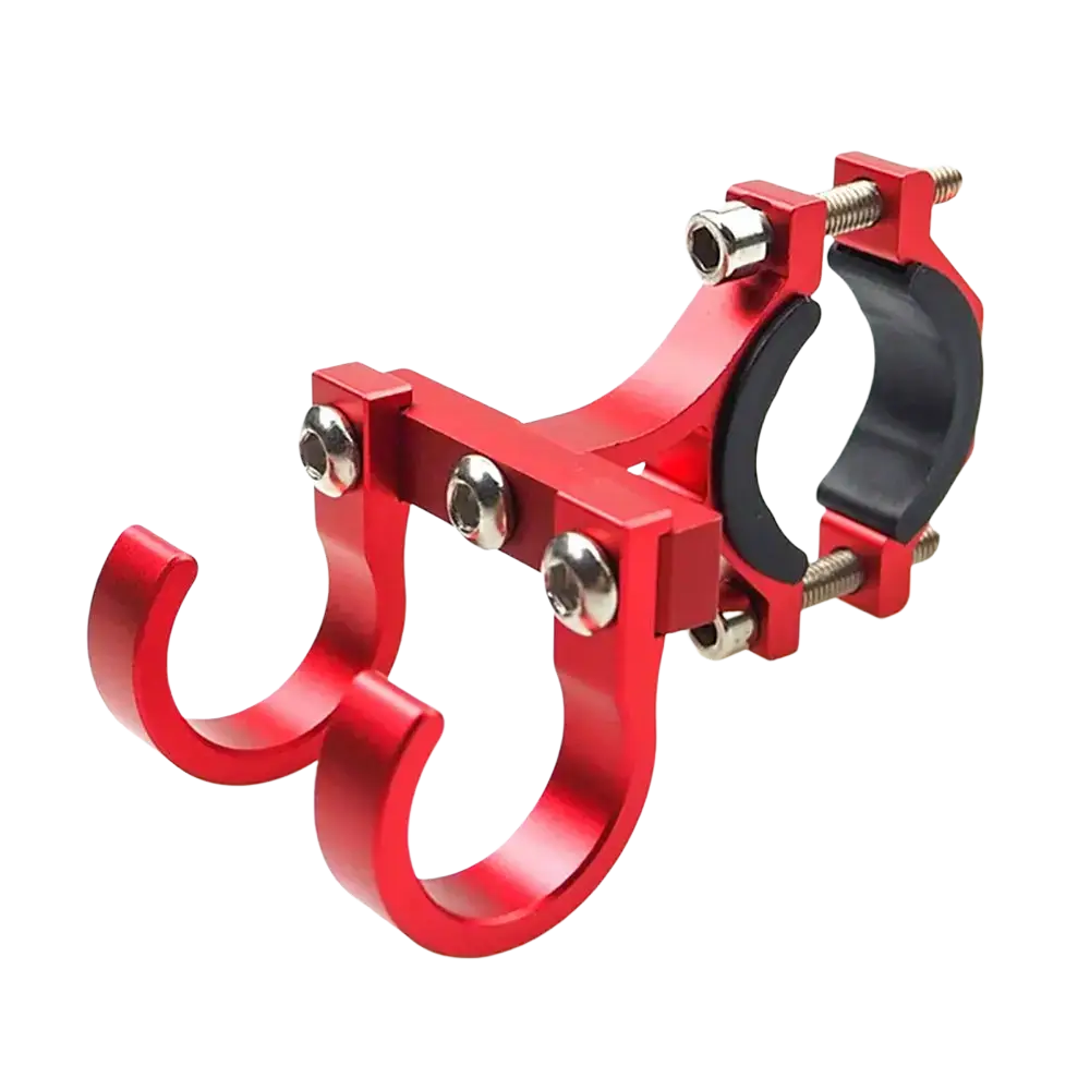 Red aluminum scooter handlebar dual hook hanger with black rubber grip and silver bolts for secure mounting