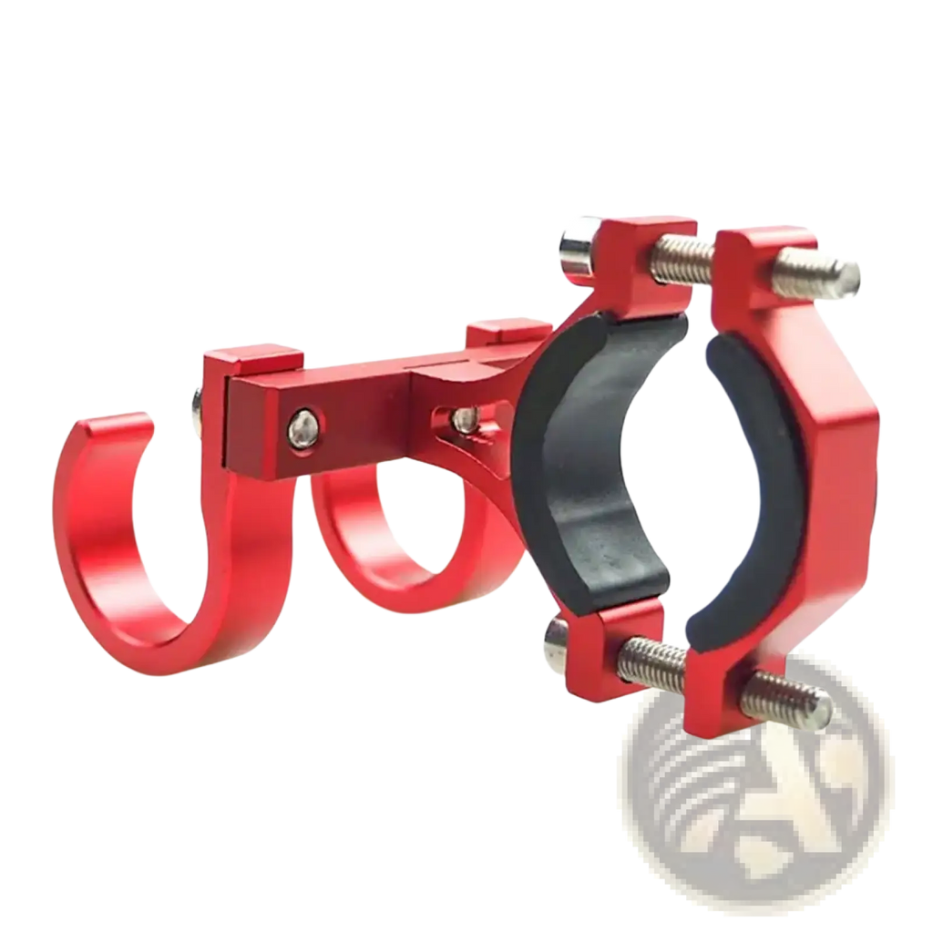 Red aluminum scooter handlebar dual hook hanger with black rubber grip and threaded bolts visible from the backside
