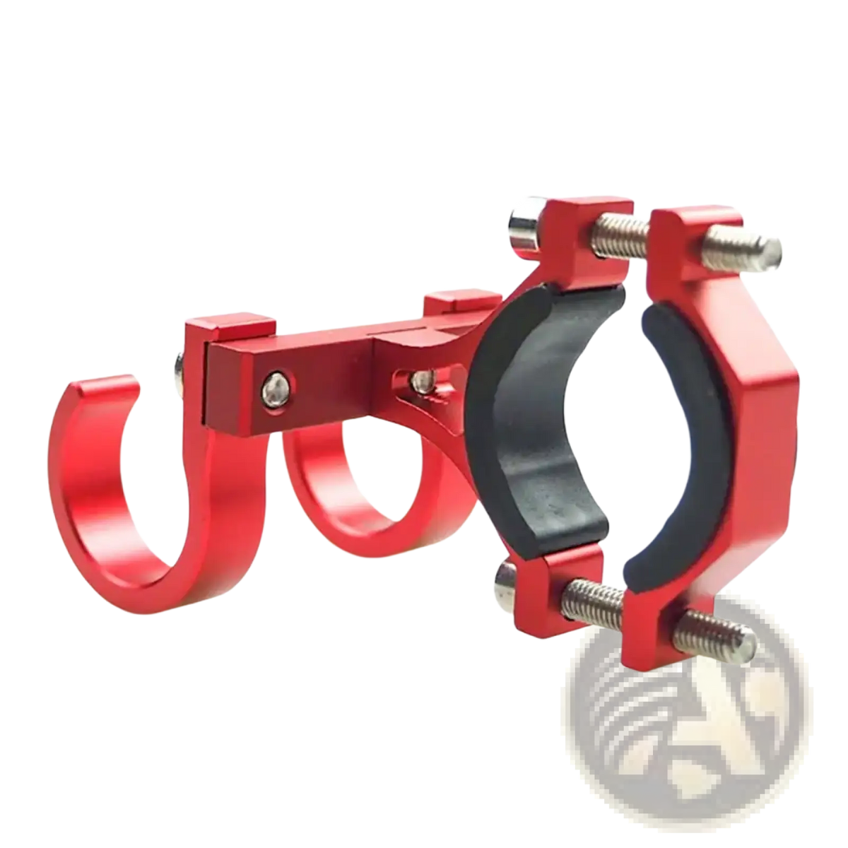 Red aluminum scooter handlebar dual hook hanger with black rubber grip and threaded bolts visible from the backside