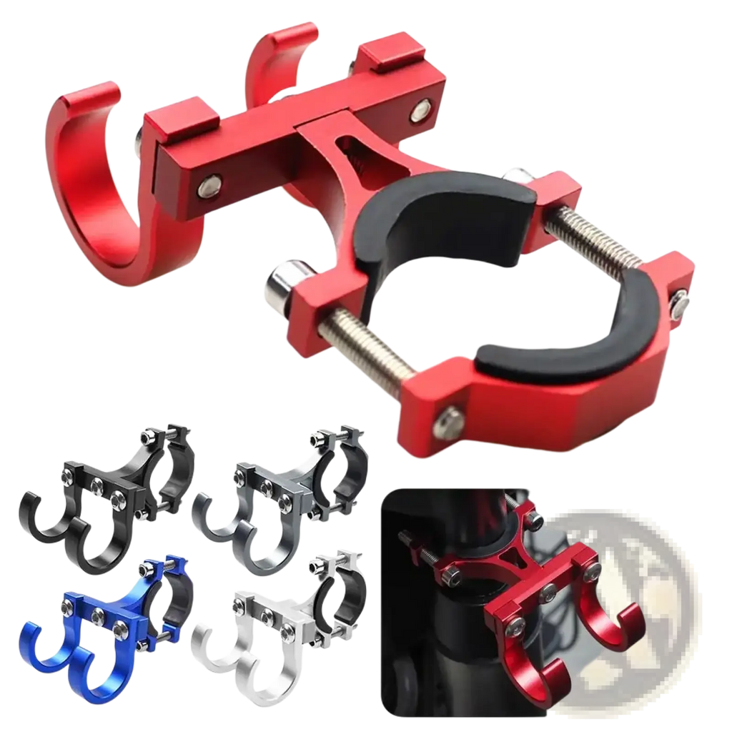 Red aluminum scooter handlebar dual hook hanger with black rubberized grip and adjustable screw mechanism
