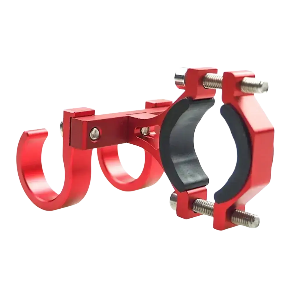 Red aluminum scooter handlebar dual hook clamp with black rubber inserts and silver bolts for secure attachment