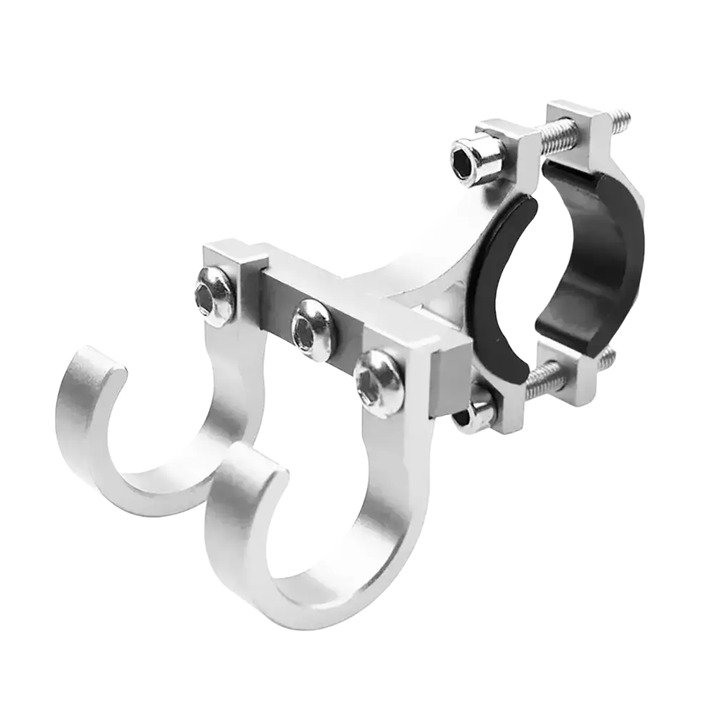 Silver aluminum scooter handlebar dual hook hanger with black rubber grip shown from the back side