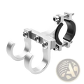 Silver aluminum scooter handlebar dual hook hanger with black rubber grip shown from the back side