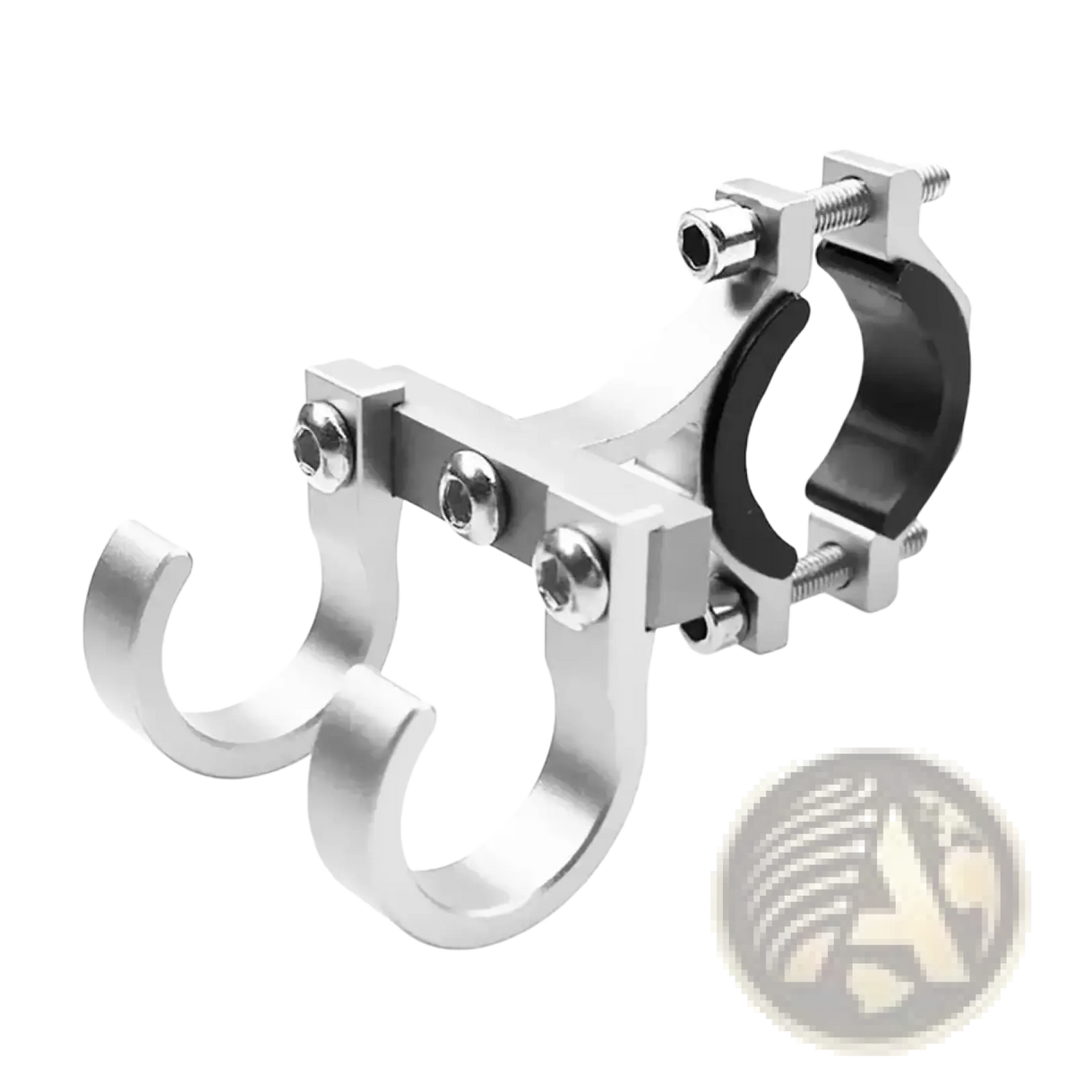 Silver aluminum scooter handlebar dual hook hanger with black rubber grip shown from the back side