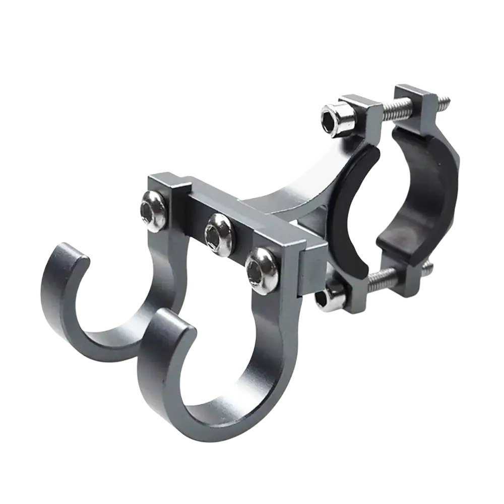 Titanium bike water bottle holder with two curved hooks and black rubber clamp for aluminum scooter handlebar dual hook hanger