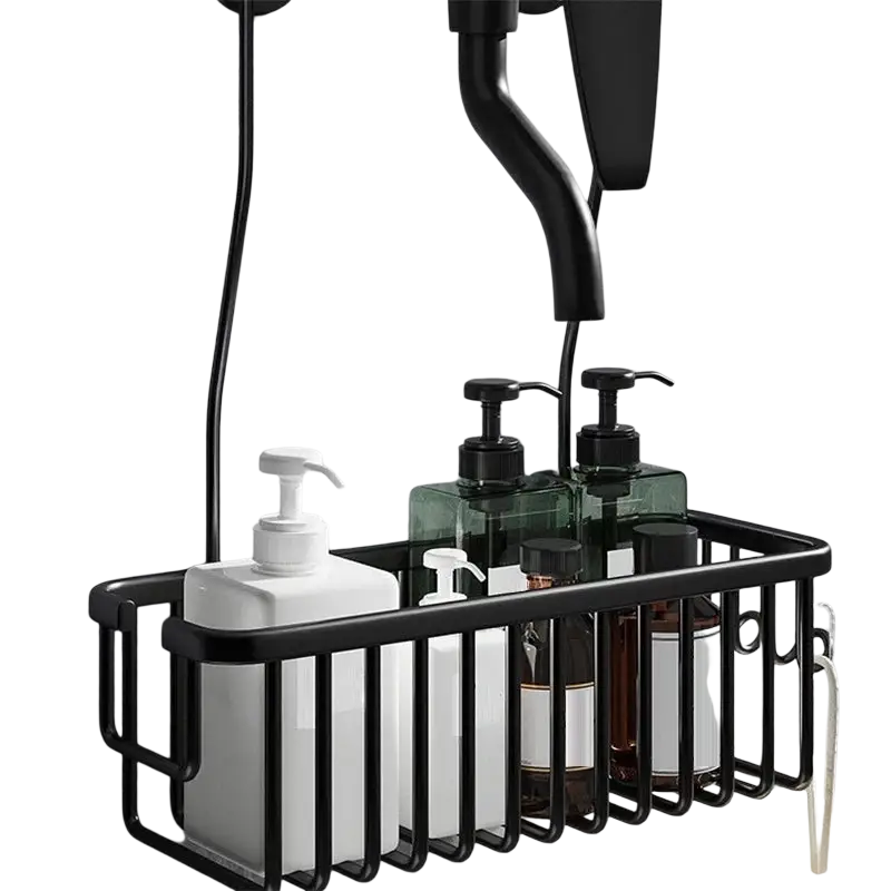 Black metal shower caddy wall mounted shelf with sleek modern design holding various toiletries