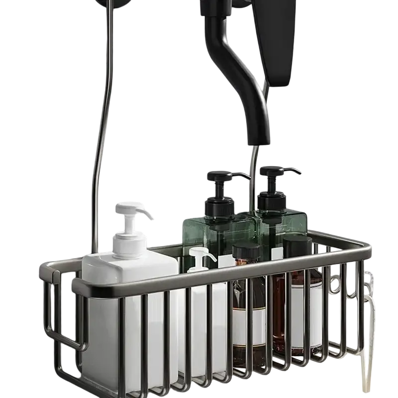 Modern matte black aluminum shower caddy with vertical bars and curved handles holding pump bottles wall mounted shelf