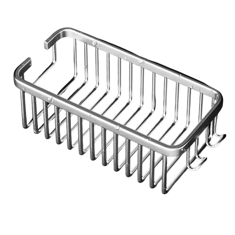 Shiny chrome finished aluminum shower caddy with rectangular grid design and curved handles for wall mounted use