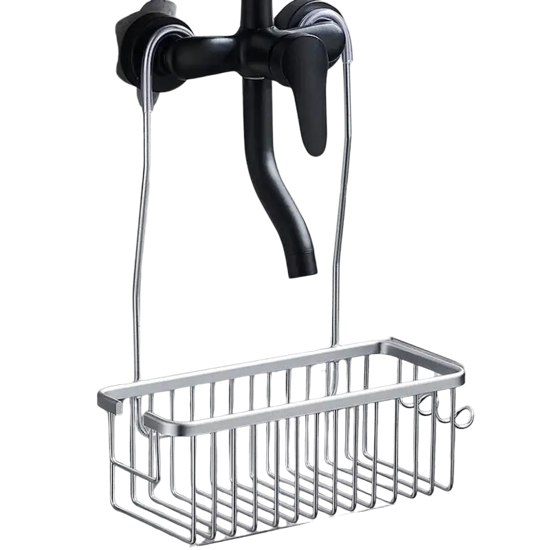 Silver aluminum shower caddy wall mounted shelf with sleek rectangular wire mesh and black faucet mounted hooks