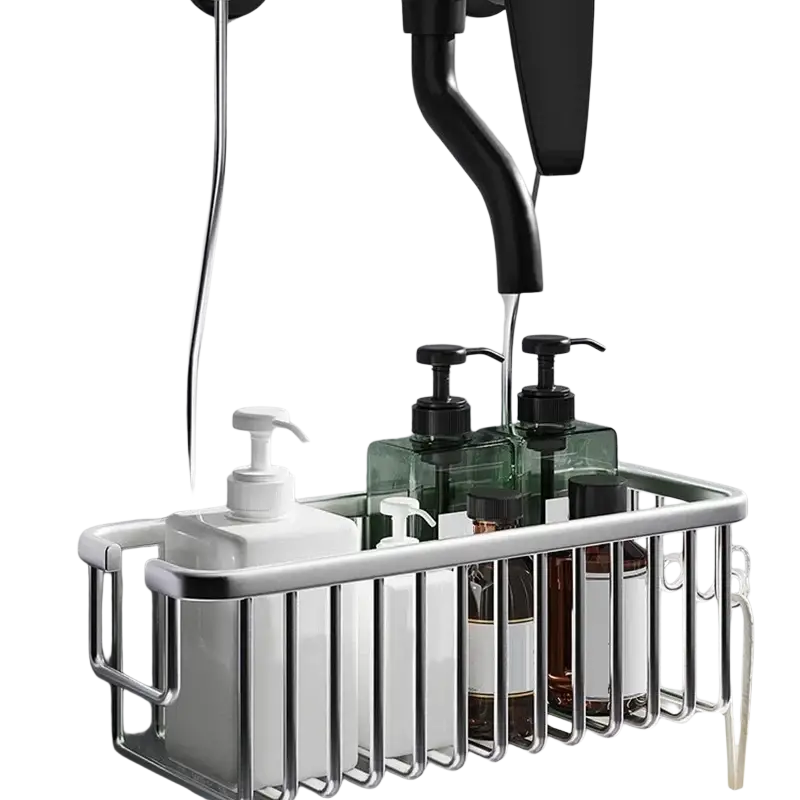 Silver aluminum shower caddy wall mounted shelf holding various soap and lotion dispensers for bathroom organization