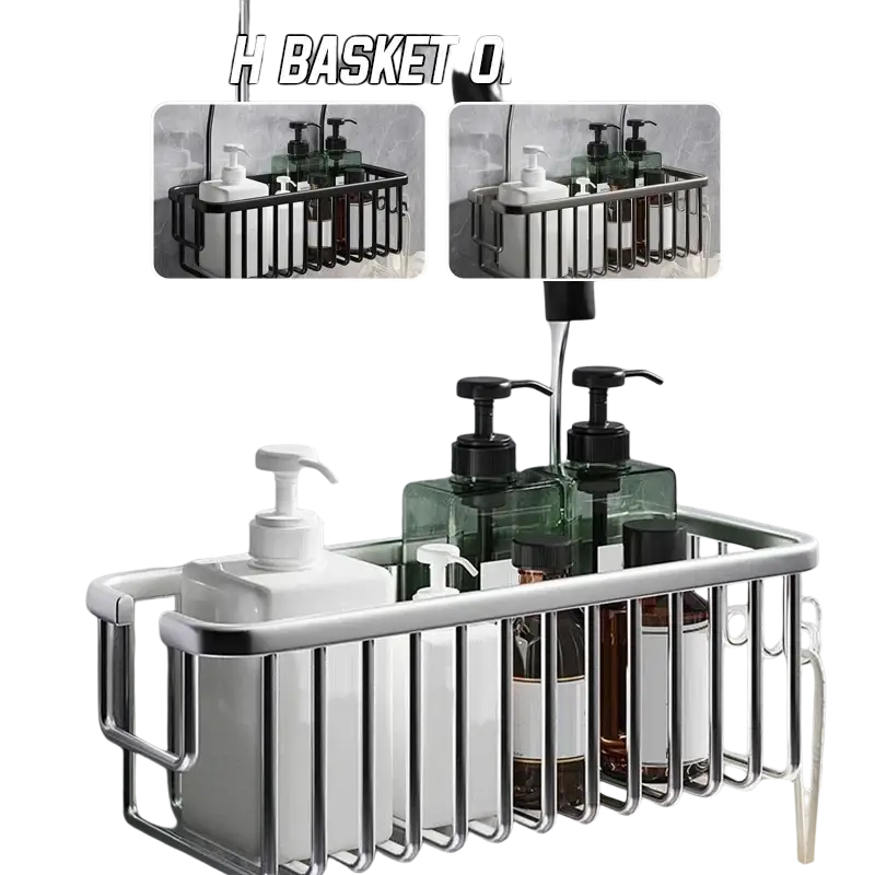Silver metal aluminum shower caddy wall mounted shelf with sleek modern design and sturdy wire mesh construction