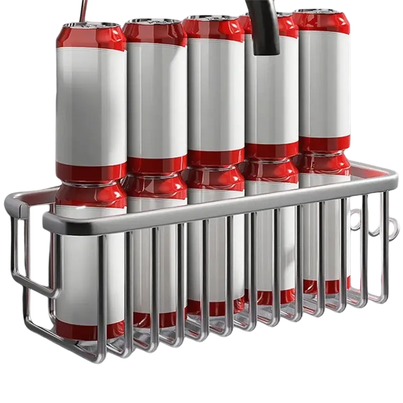Silver aluminum shower caddy wall mounted shelf holding five red and white cylindrical containers
