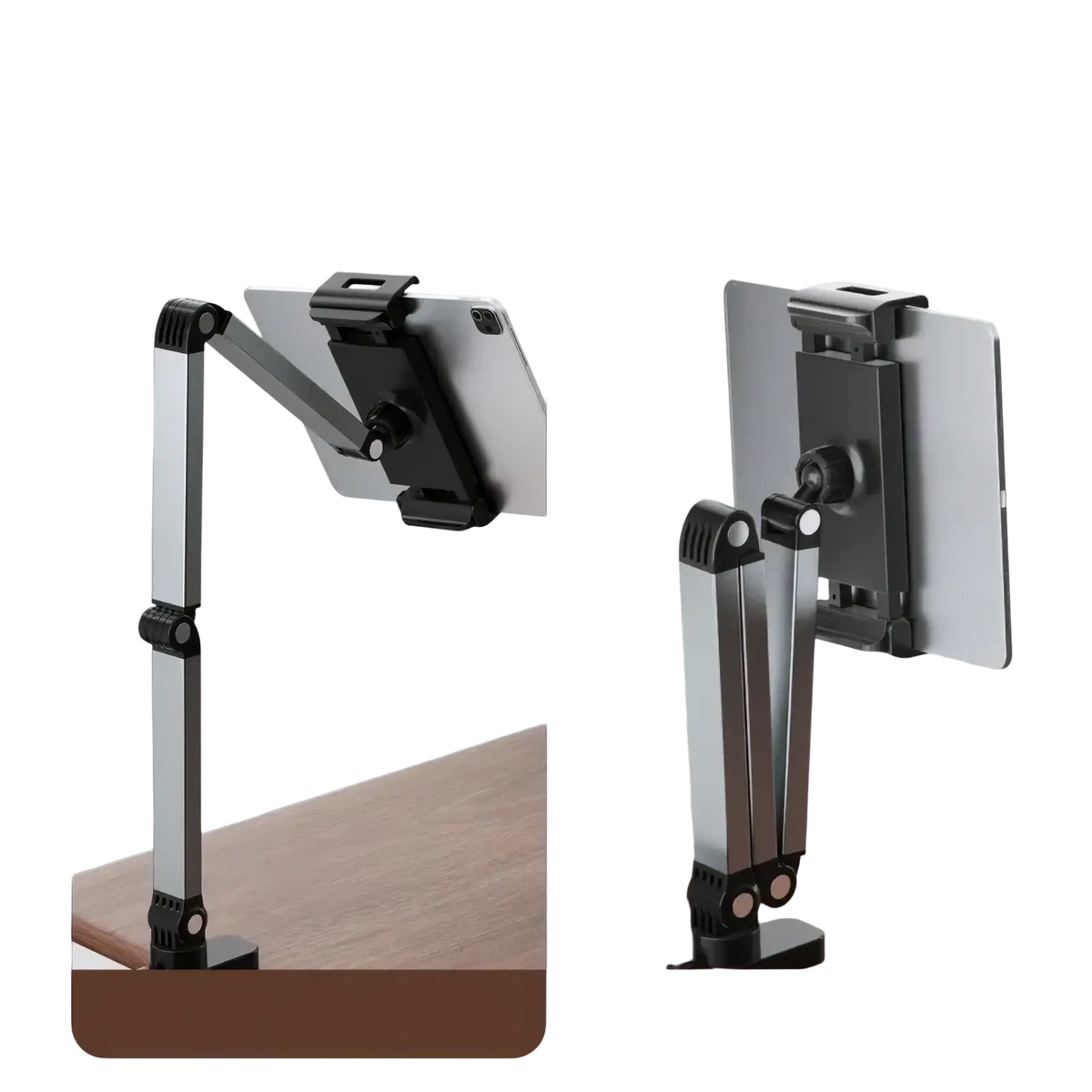 Adjustable silver and black aluminum tablet desk mount with articulated arms and 360 rotation for versatile positioning