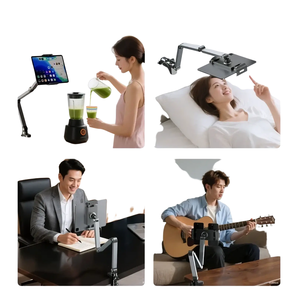 Adjustable silver aluminum tablet and phone desk mount with articulated arm and 360 rotation for versatile positioning