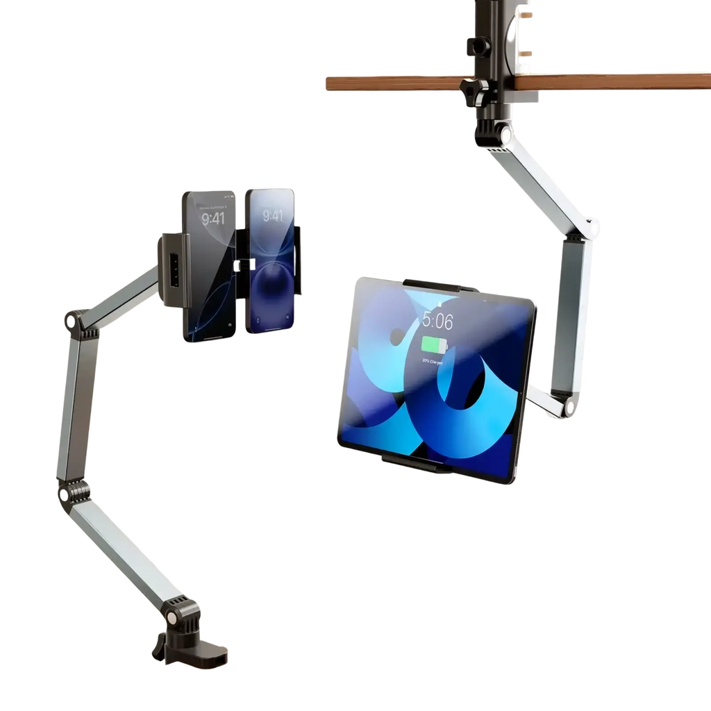 Adjustable silver aluminum tablet desk mount with 360 rotation holding two smartphones and a tablet