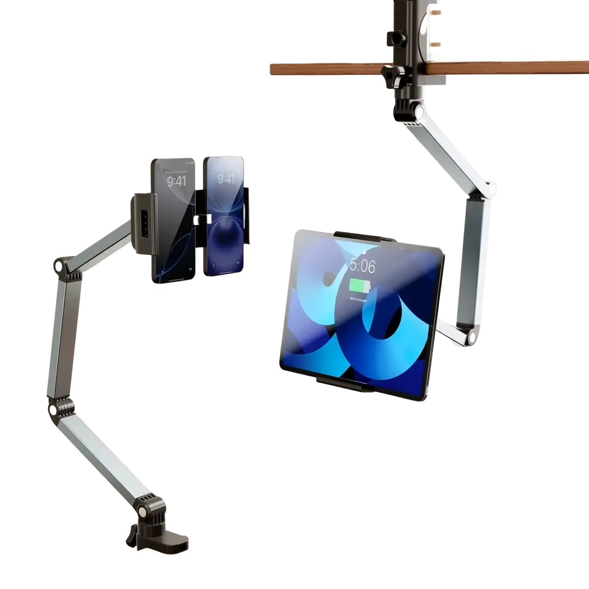 Adjustable silver aluminum tablet desk mount with 360 rotation holding two smartphones and a tablet