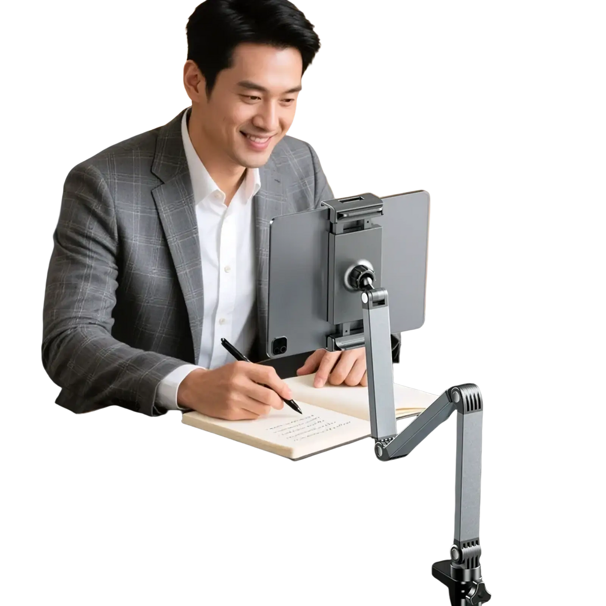 Silver aluminum tablet desk mount with adjustable arm and 360 rotation shown from the back side