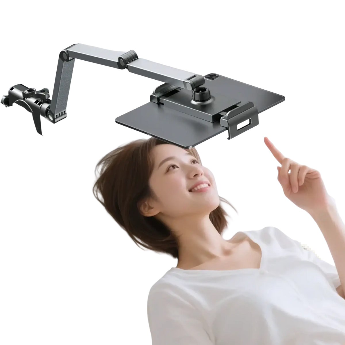 Adjustable black metal tablet stand mounted on wall above bed with 360 rotation aluminum tablet desk mount