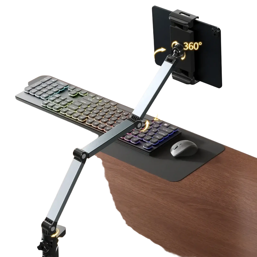 Adjustable silver aluminum tablet desk mount with 360 rotation and multi-angle ergonomic support arm