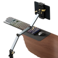 Adjustable silver aluminum tablet desk mount with 360 rotation and multi-angle ergonomic support arm
