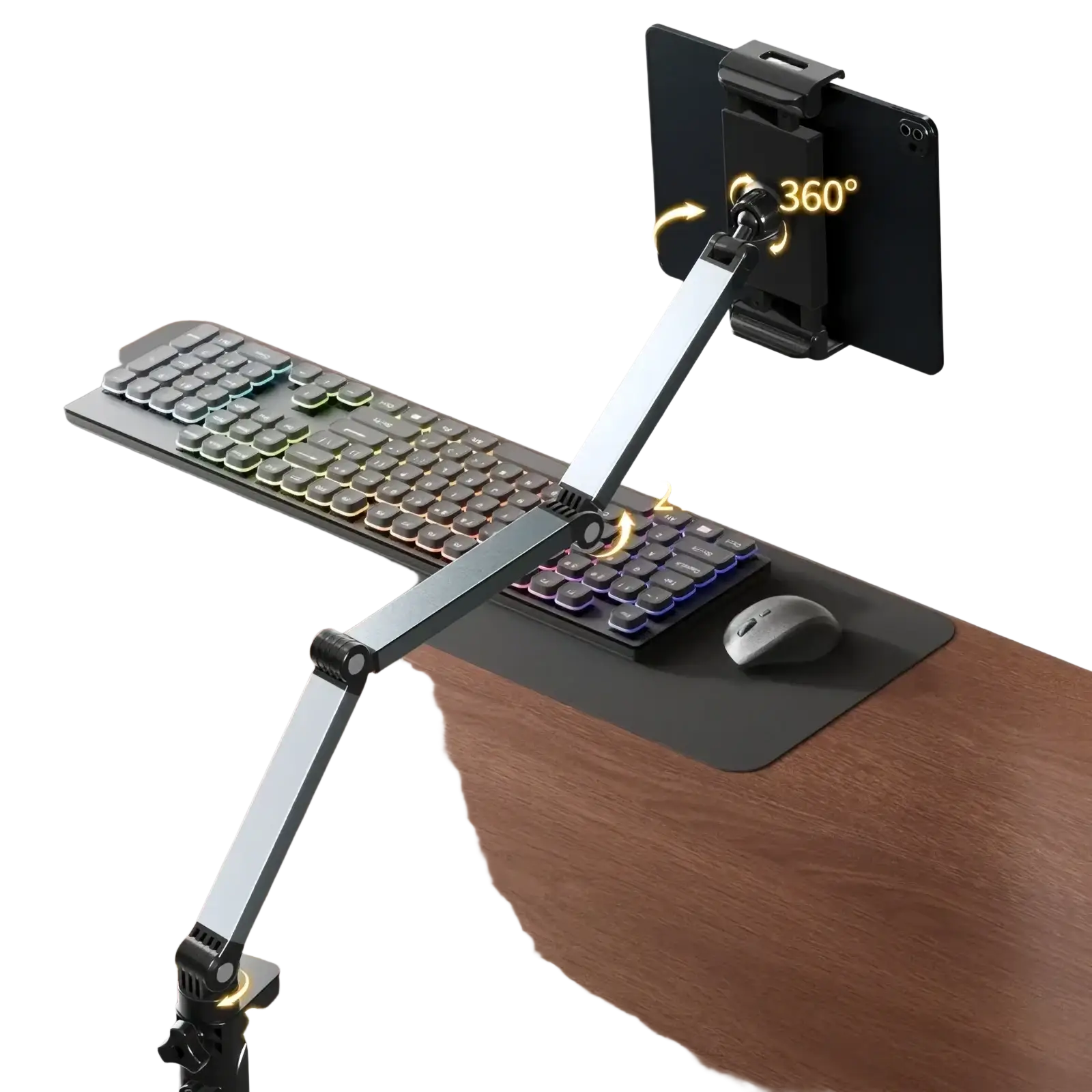 Adjustable silver aluminum tablet desk mount with 360 rotation and multi-angle ergonomic support arm