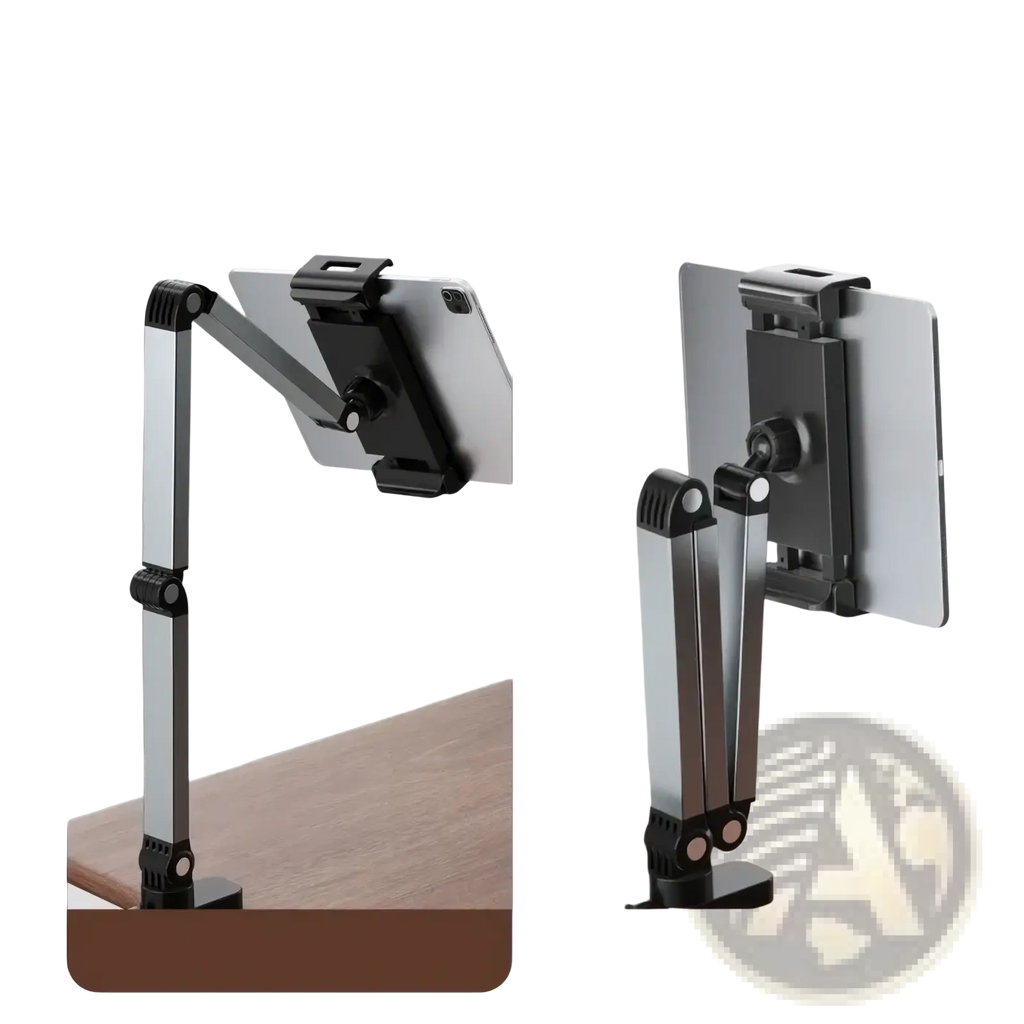 Adjustable silver and black aluminum tablet desk mount with articulated arms and 360 rotation for versatile positioning