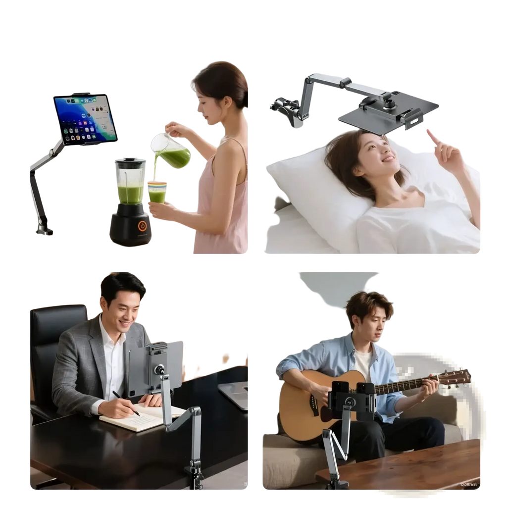 Adjustable silver aluminum tablet and phone desk mount with articulated arm and 360 rotation for versatile positioning