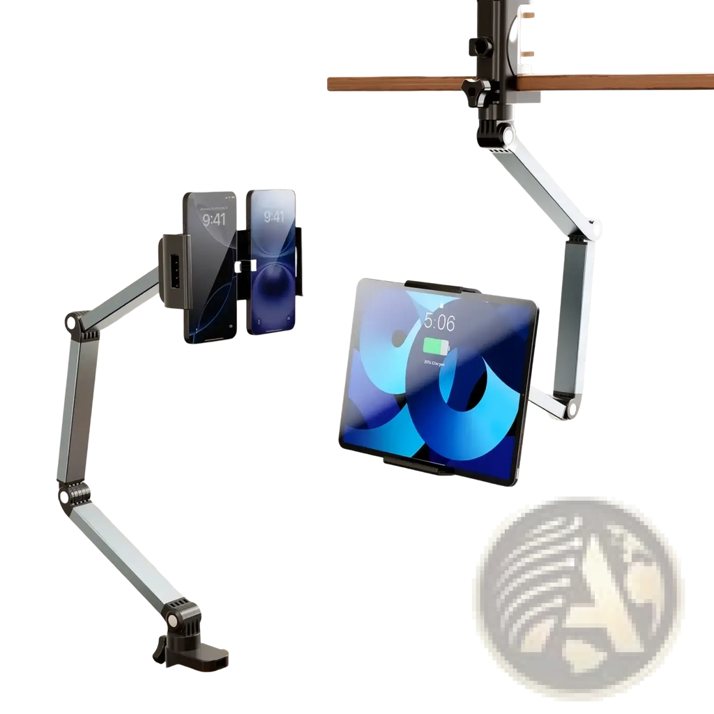 Adjustable silver aluminum tablet desk mount with 360 rotation holding two smartphones and a tablet