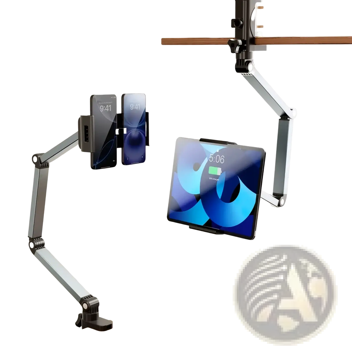 Adjustable silver aluminum tablet desk mount with 360 rotation holding two smartphones and a tablet