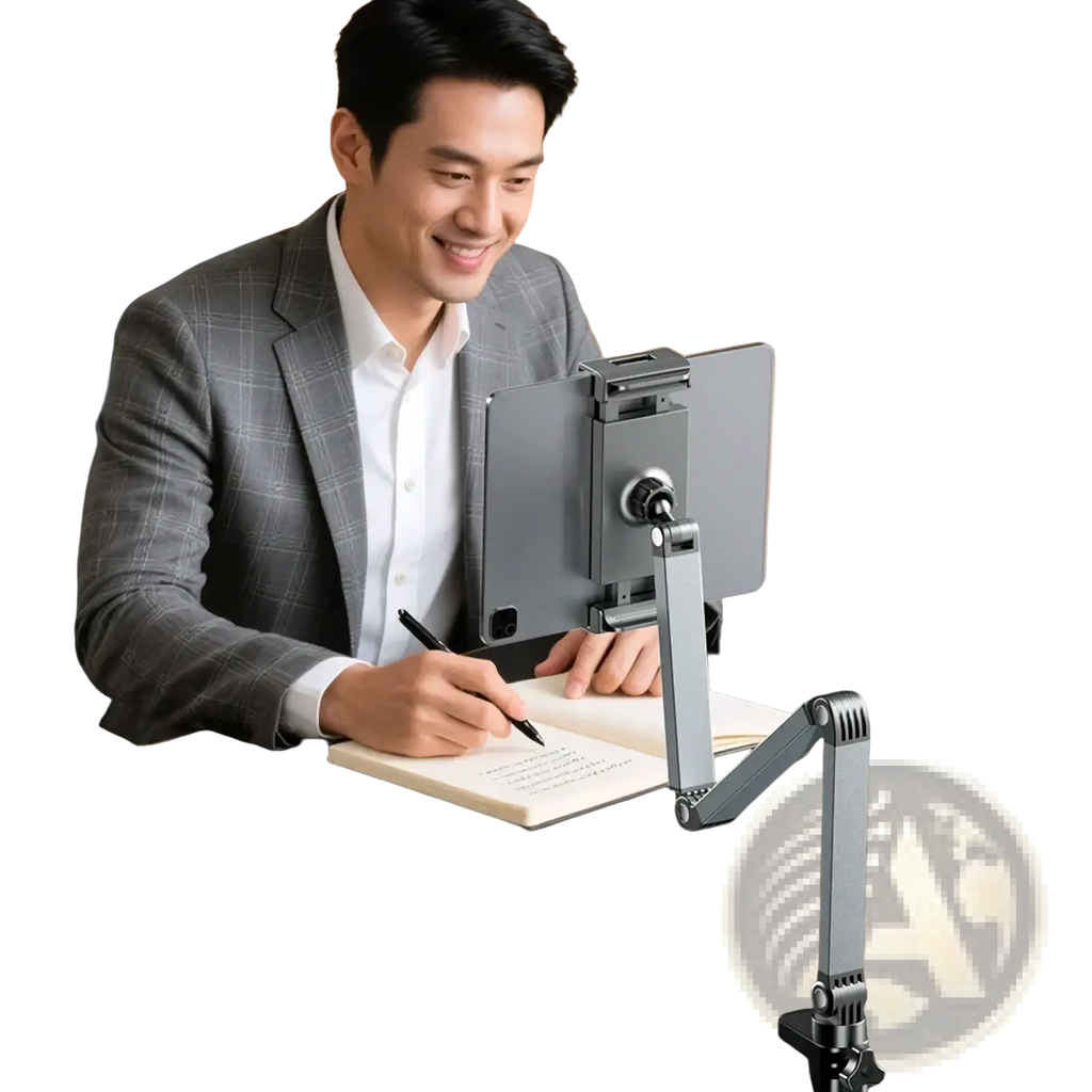 Silver aluminum tablet desk mount with adjustable arm and 360 rotation shown from the back side