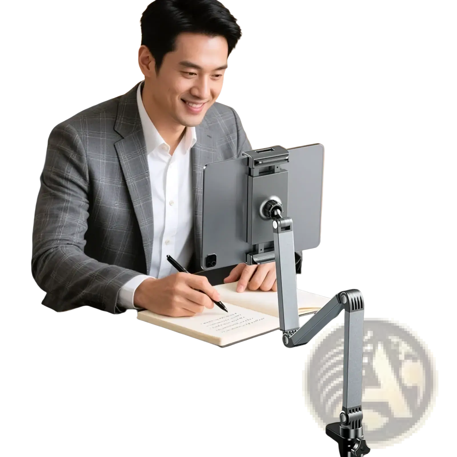 Silver aluminum tablet desk mount with adjustable arm and 360 rotation shown from the back side