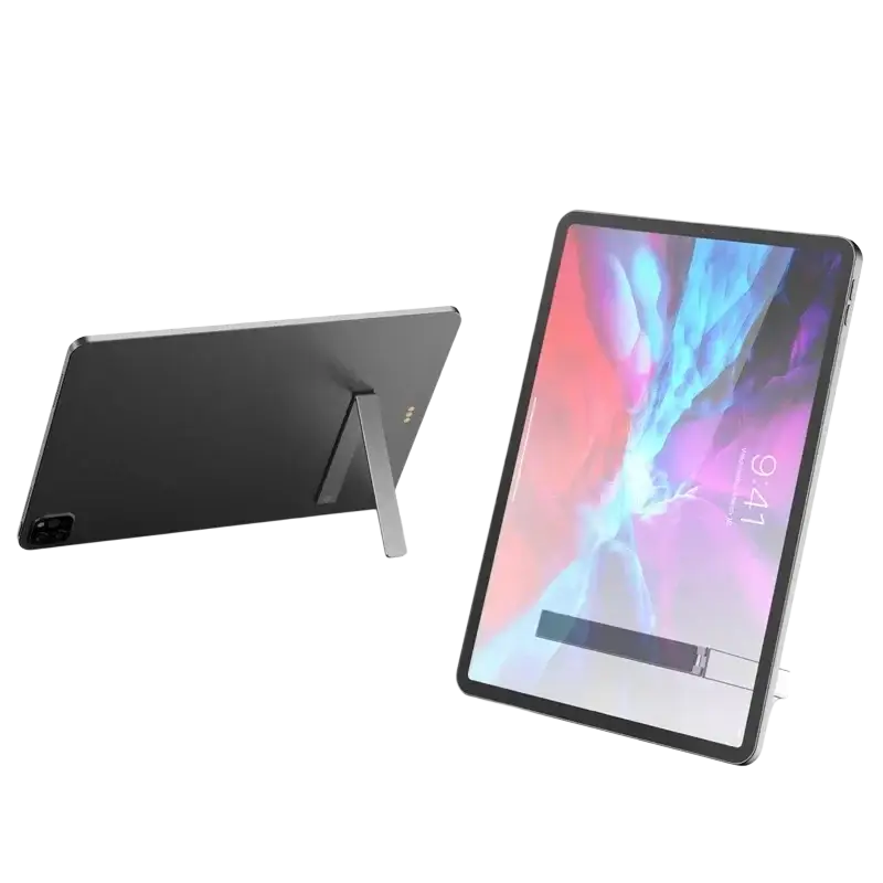 Black tablet on an adjustable aluminum stand holder with silver folding desk mount for versatile use