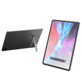 Black tablet on an adjustable aluminum stand holder with silver folding desk mount for versatile use
