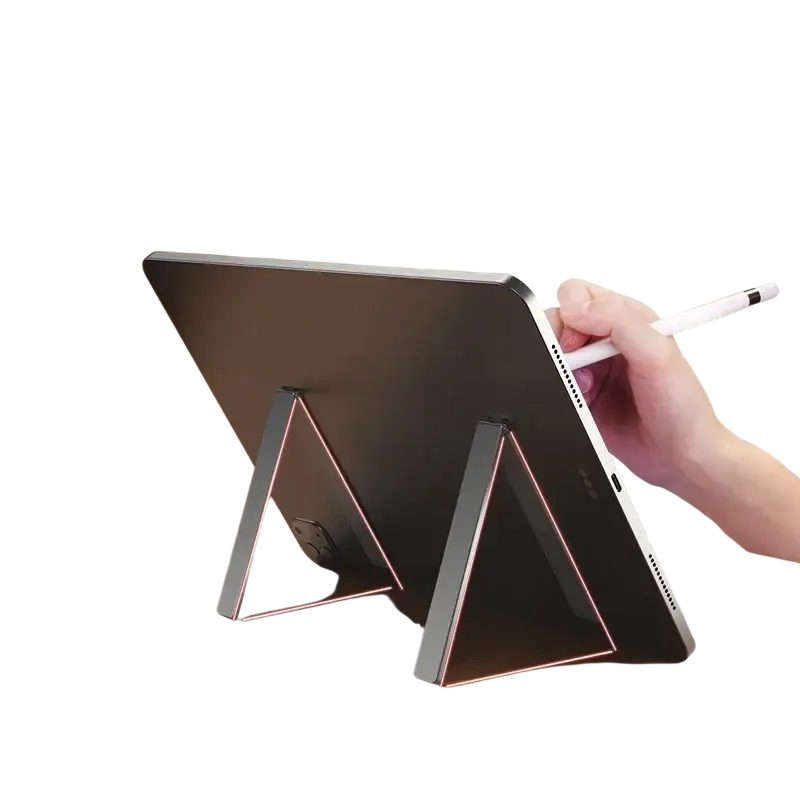 Black aluminum stand holder with metallic edges and glowing pink led accents for adjustable tablet display