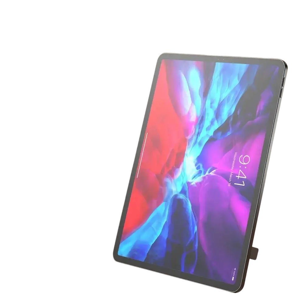 A sleek black ipad pro on an adjustable aluminum stand holder with a vibrant colorful abstract wallpaper display