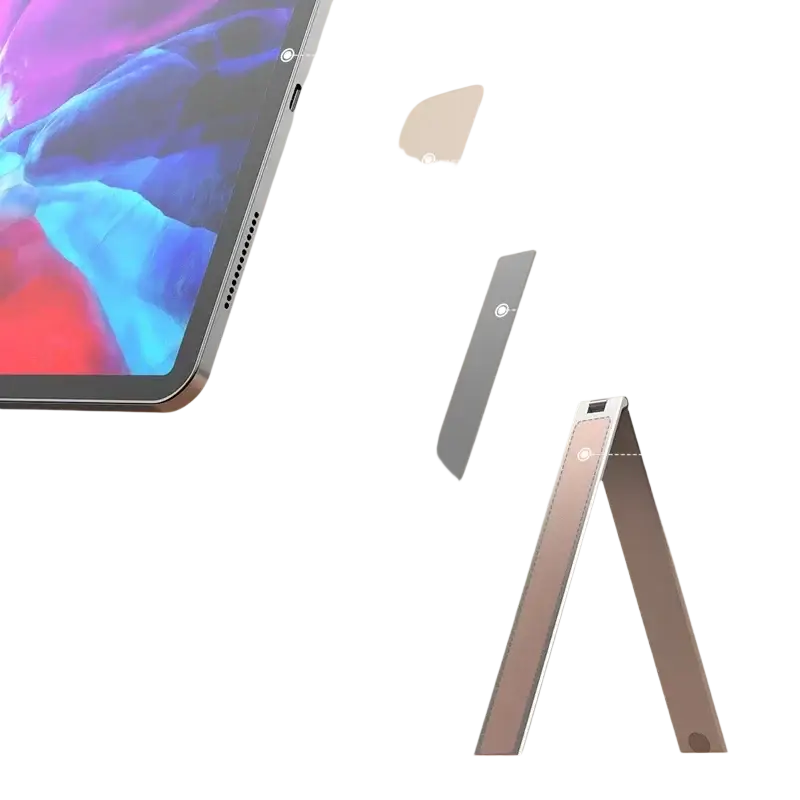 A sleek aluminum stand holder with metallic finish and adjustable folding design for stable tablet support on desk