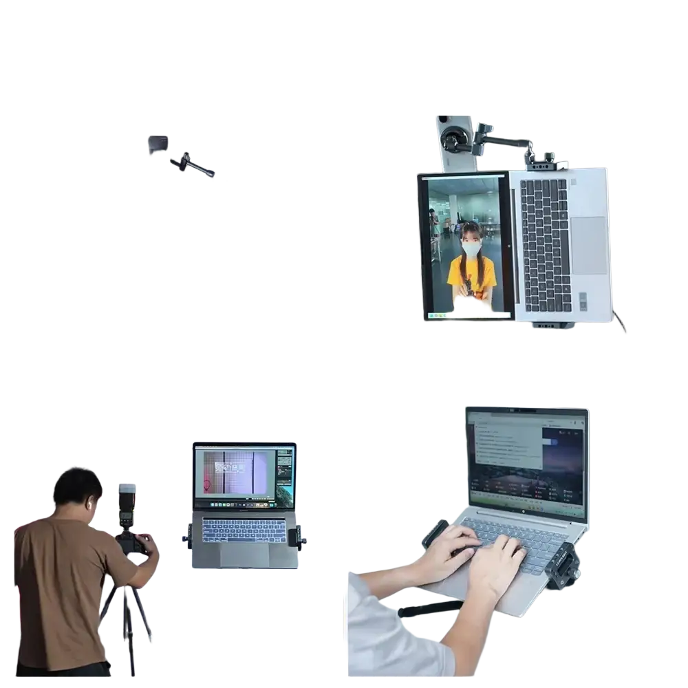 Black aluminum vertical laptop stand with adjustable arms and clamps on tripod for versatile multi-scene use