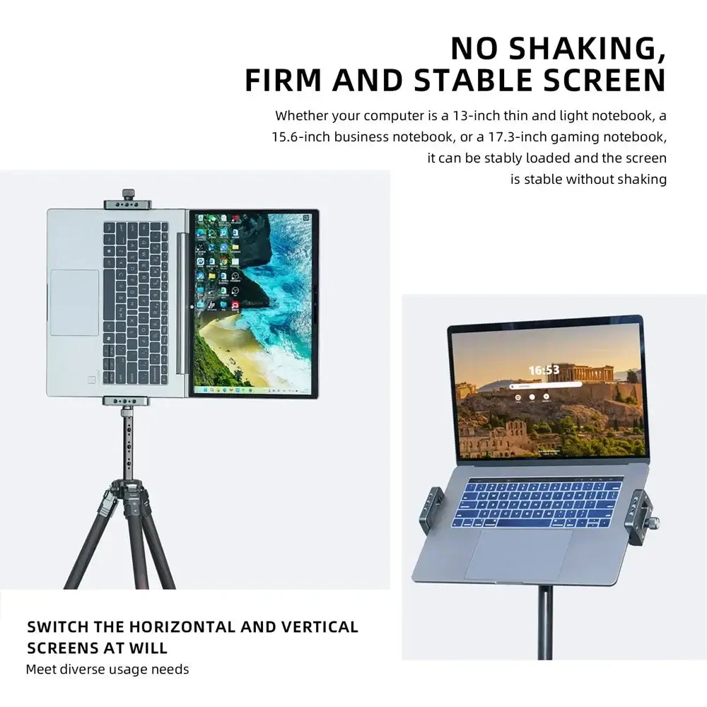 Aluminum vertical laptop stand with adjustable dual clamps and tripod base for stable horizontal or vertical positioning