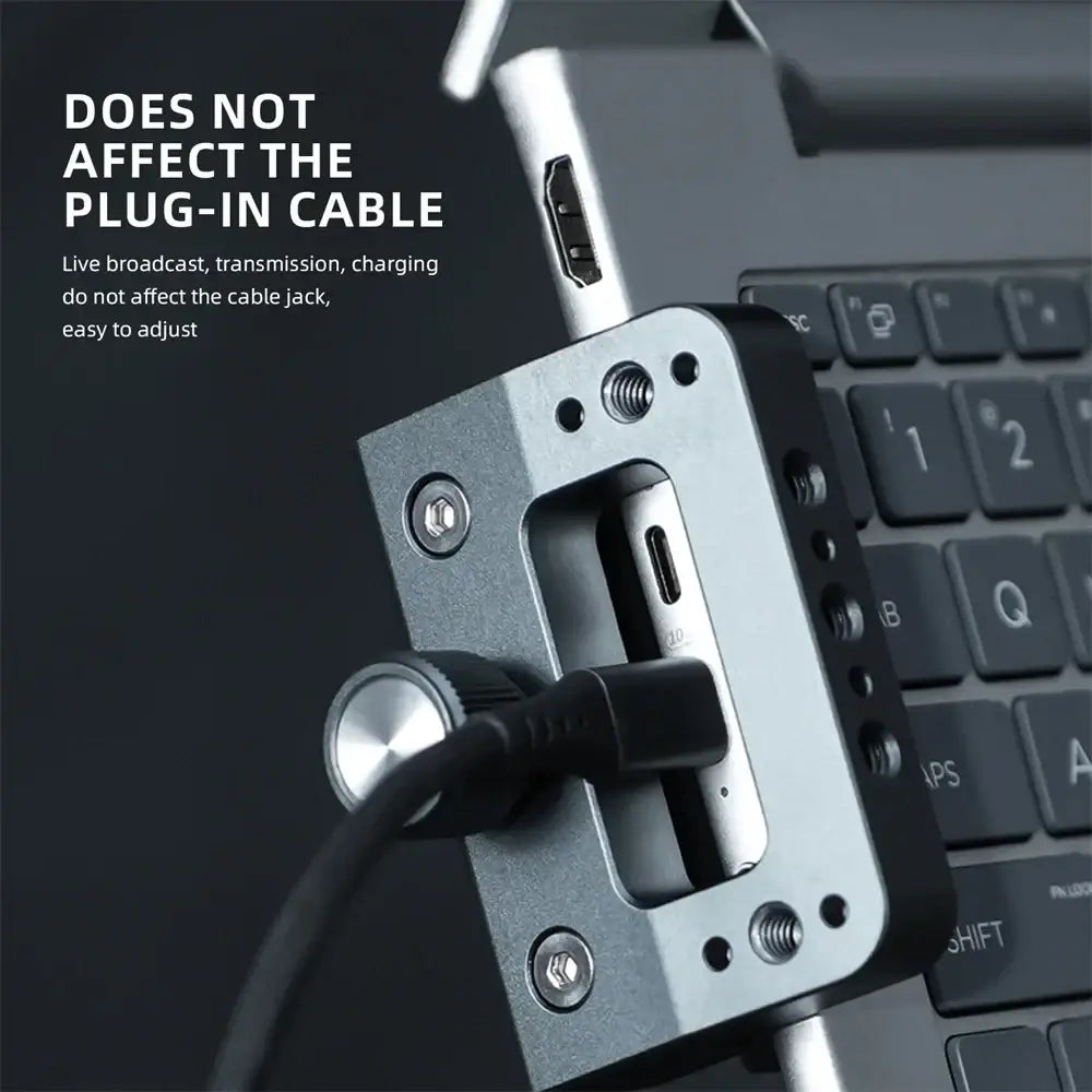 Black and silver aluminum vertical laptop stand for tripods with adjustable screw holes for securing plug-in cable