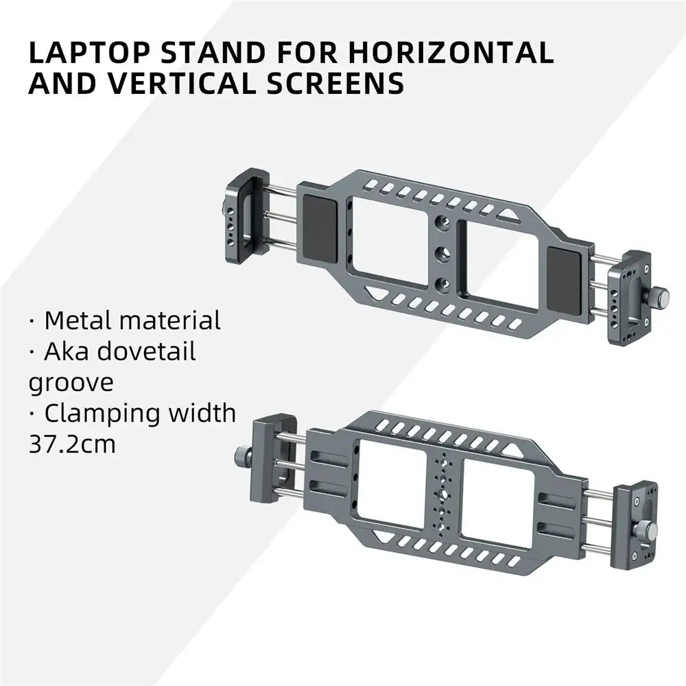 Gray aluminum vertical laptop stand with dovetail grooves for horizontal and vertical screens for tripods