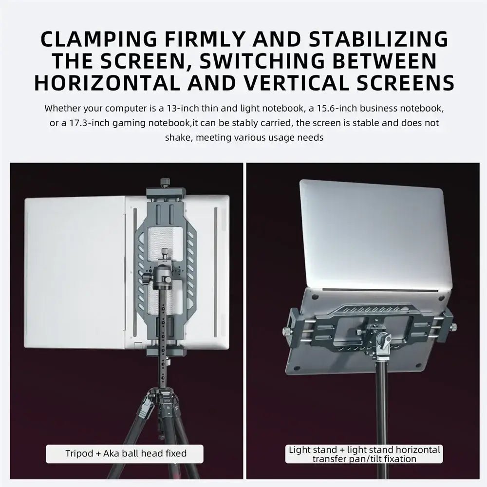 Silver metallic aluminum vertical laptop stand with adjustable clamp and tilt mechanism for tripods