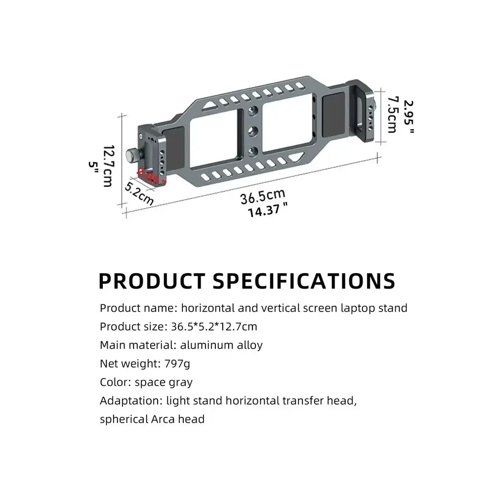 Space gray aluminum vertical laptop stand for tripods with industrial design cutouts for ventilation and mounting points