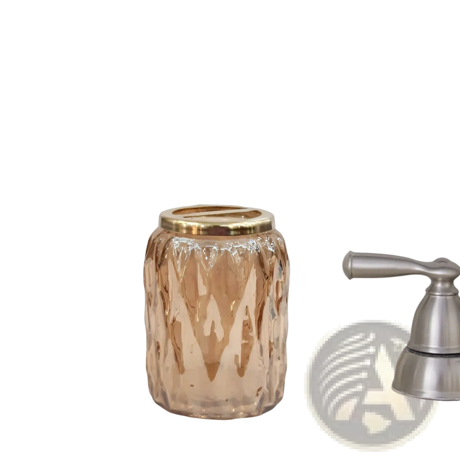 A rose gold textured glass candle holder with a polished brass rim for elegant home decor use