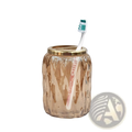 Amber glass toothbrush holder with gold metal rim and embossed textured pattern made of translucent glass