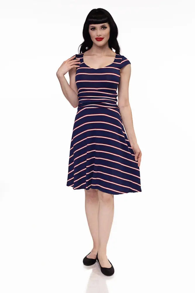 Amelia navy and pink striped 1950s style midi dress with fitted bodice short sleeves and gathered waist in a-line shape